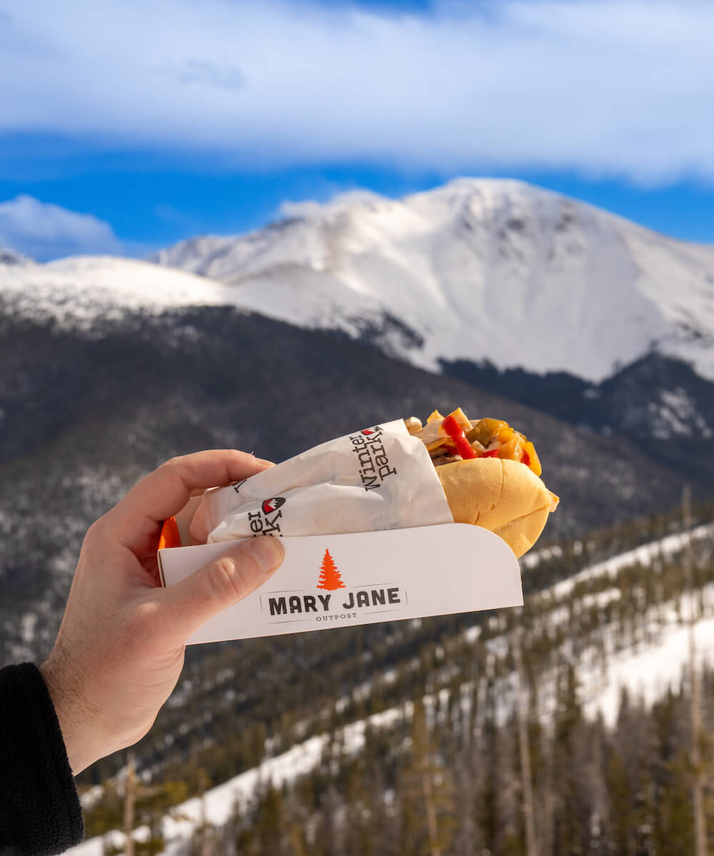 hand holding a hot dog in front of a mountain